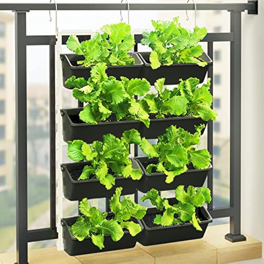 Vertical Wall Hanging Planter 8 Pockets, 4-Tier Indoor and Outdoor Plant Stand with Detachable Hooks, Hanging Plastic Pot Balcony Planter for Flowers Vegetables Herbs(4 Plugs)