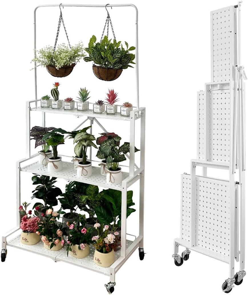 lumizone Foldable 4-Tier Plant Stand Indoor Outdoor Hanging Plant Shelf No Assembly Required Pot Placement Area With Wheels Sturdy Fall Prevention Storage Shelf Flower Pot Stand(4 Tier-Black)