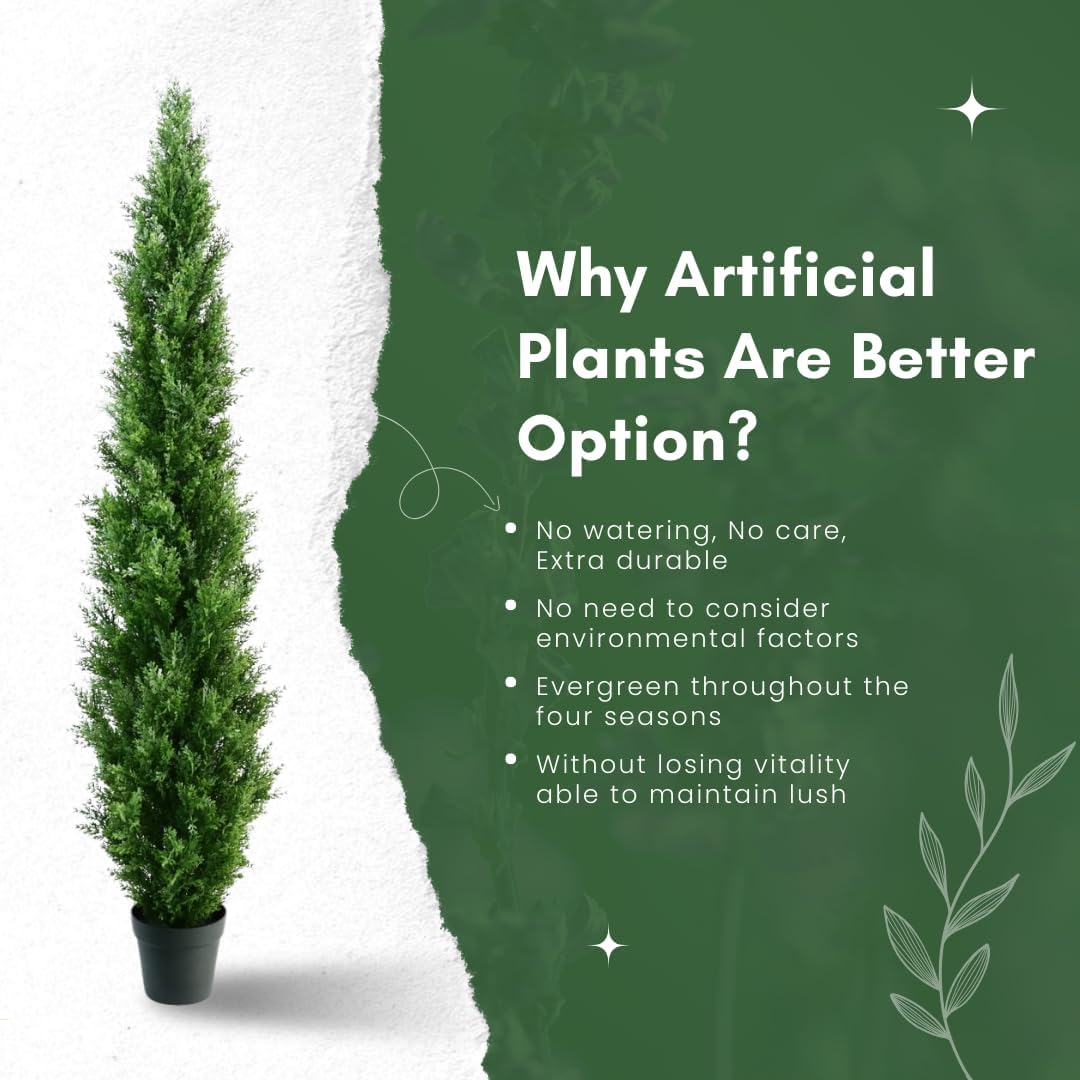 6 Feet Pre-Potted Evergreen Outdoor Artificial Cedar Tree Privacy Screen for Front Porch Decor, Outdoor Decor, Entryway Fake Tree, Tall Faux Tree with UV Resistant Coating (2 Pack)