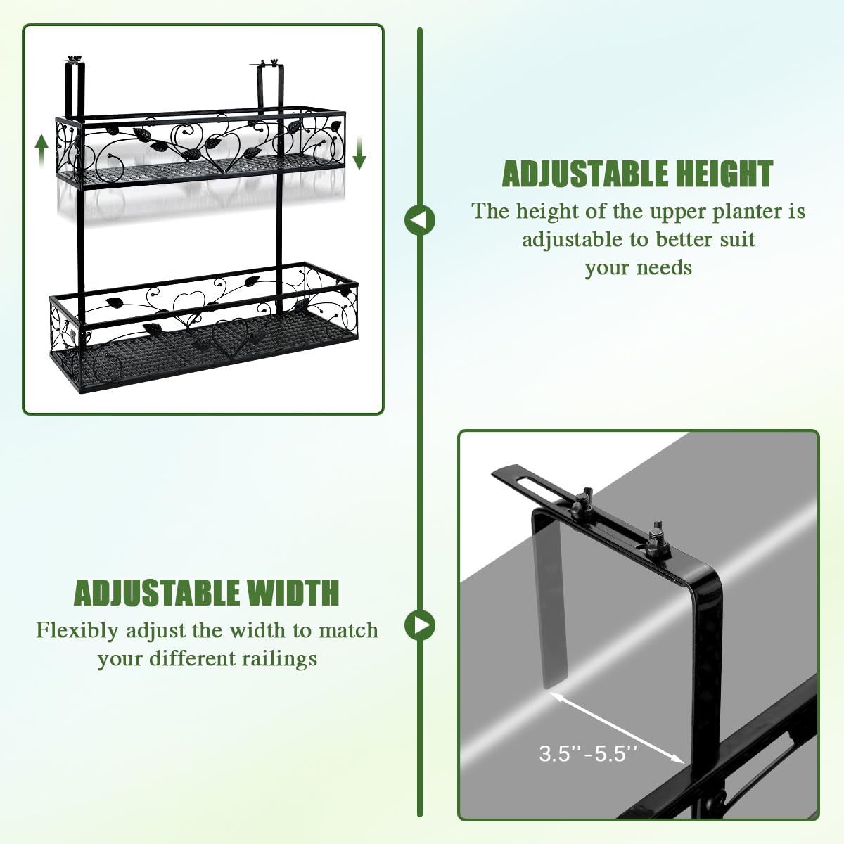 2-Tier Balcony Flower Pot Stand Rack, Hanging Railing Planter Shelf Basket, Height Adjustable Iron Hanging Flower Pot Holder for Balcony Decor Patio Porch Fence Railing