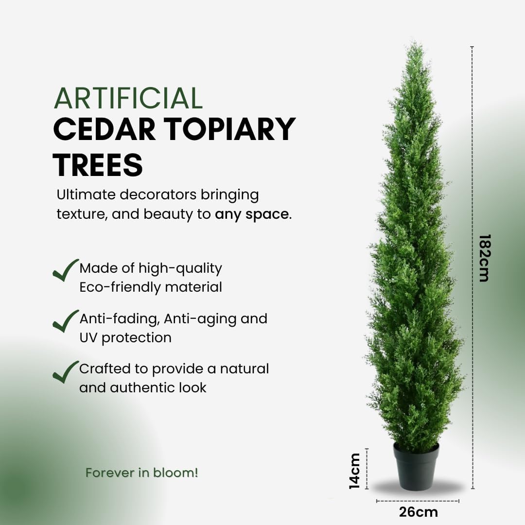 6 Feet Pre-Potted Evergreen Outdoor Artificial Cedar Tree Privacy Screen for Front Porch Decor, Outdoor Decor, Entryway Fake Tree, Tall Faux Tree with UV Resistant Coating (2 Pack)