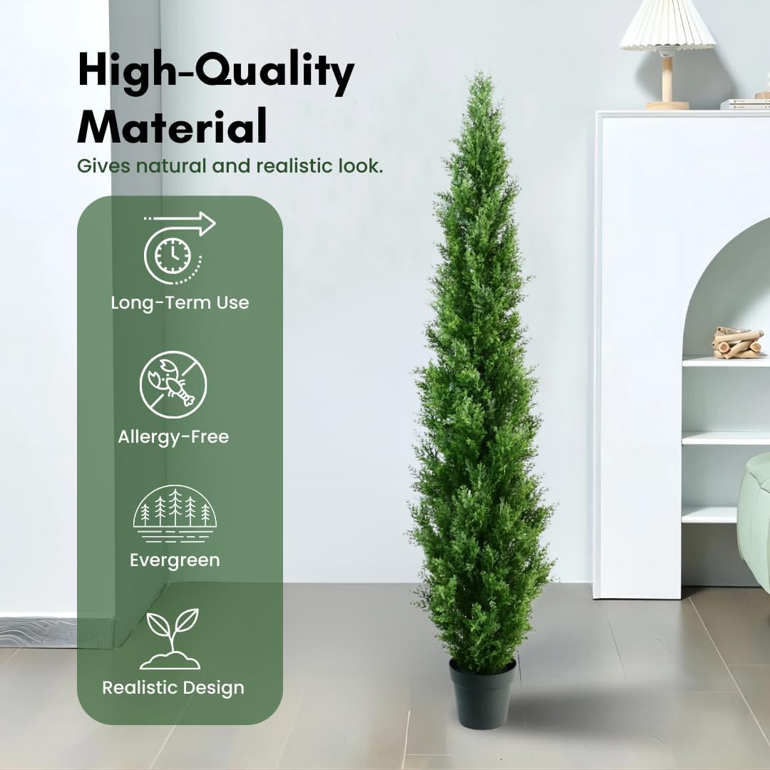 6 Feet Pre-Potted Evergreen Outdoor Artificial Cedar Tree Privacy Screen for Front Porch Decor, Outdoor Decor, Entryway Fake Tree, Tall Faux Tree with UV Resistant Coating (2 Pack)