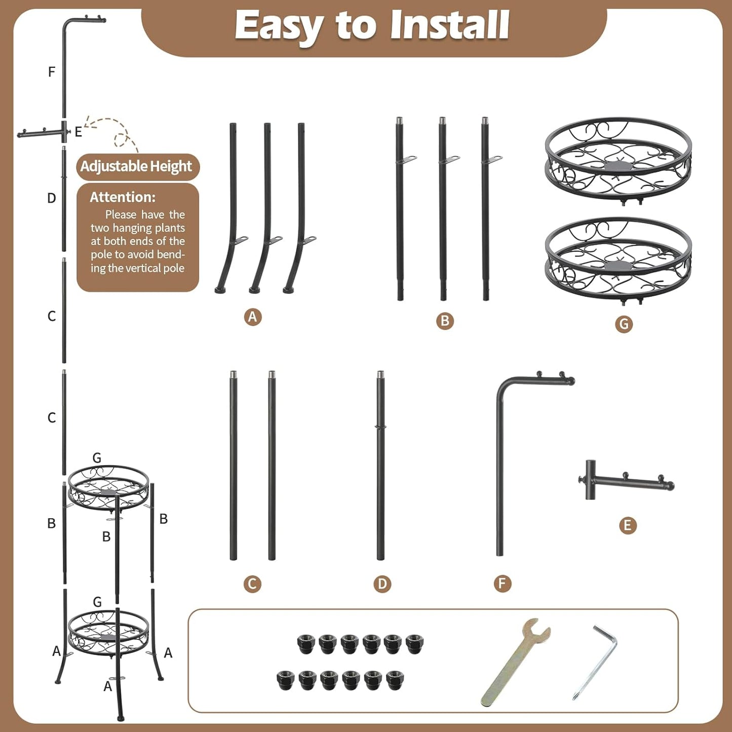 CZWL&HG Hanging Plant Stand Adjustable 2-Tier 72" Metal Shelf -Tall Indoor/Outdoor Plant Rack with Hangers for 4 Potted Flowers, Corner Shelf for Living Room & Patio (Black)