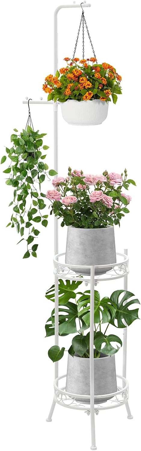 CZWL&HG Hanging Plant Stand Adjustable 2-Tier 72" Metal Shelf -Tall Indoor/Outdoor Plant Rack with Hangers for 4 Potted Flowers, Corner Shelf for Living Room & Patio (Black)