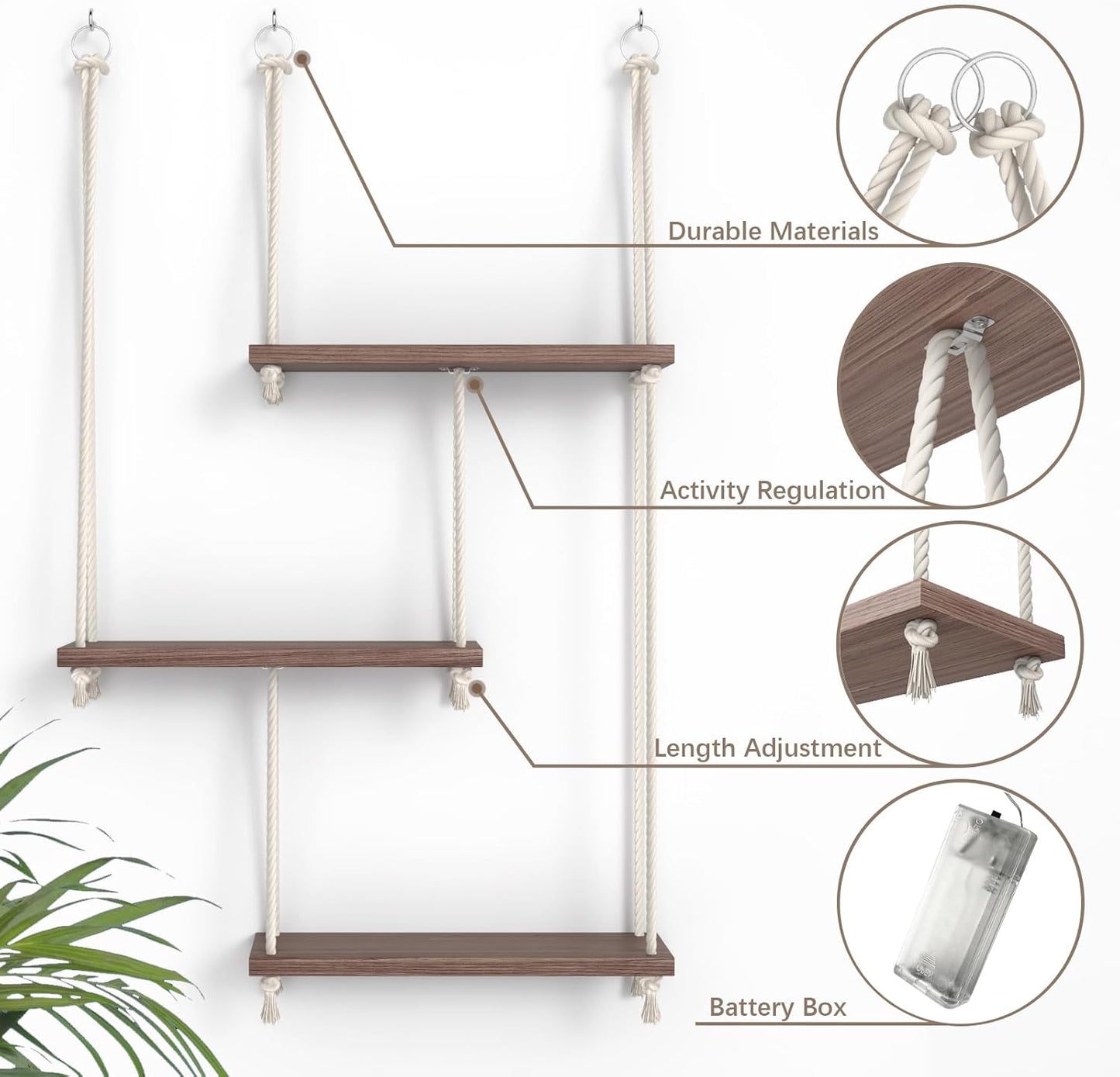 Hanging Shelves for Wall, 3 Tier Boho Hanging Plant Shelf, Floating Shelves Rope Rustic Wood Organizer Storage Hanger Rack for Aesthetic Home Bedroom Kitchen Bathroom (Champagne Flower)