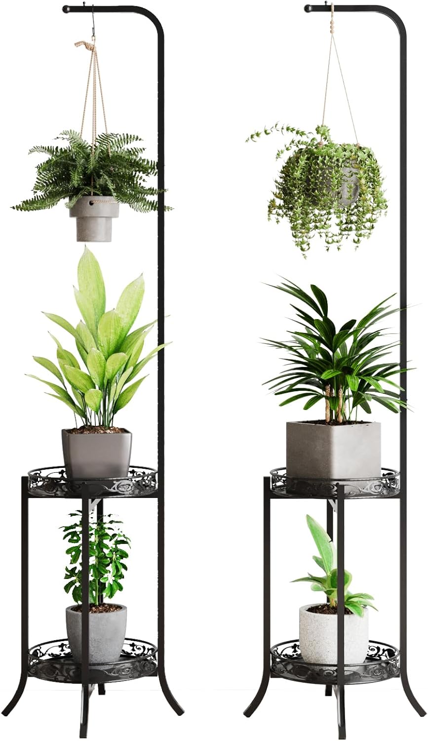 COPREE 2-tier Hanging Plant Stand, Space-Saving Iron Planter Shelves Flower Pot Organizer Rack Multiple Flower Pot Display Holder Shelf Indoor Outdoor Heavy Duty Planter Shelving Unit