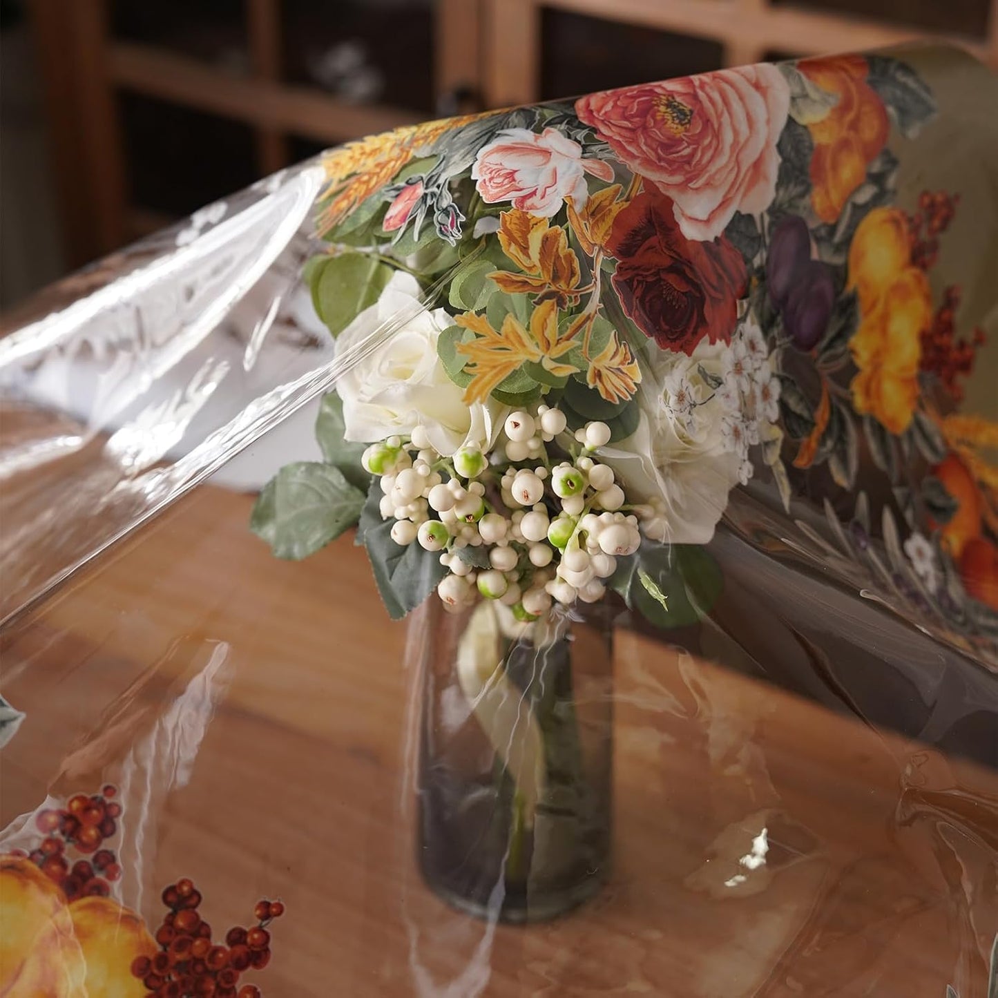 Clear Table Cover Protector Vinyl PVC Rectangle Table Cloth with Floral Fruit Pattern Oil Spill Proof Plastic Tablecloths for Dining Tables Parties Holidays (Floral Fruit, 52 x 70 Inches)