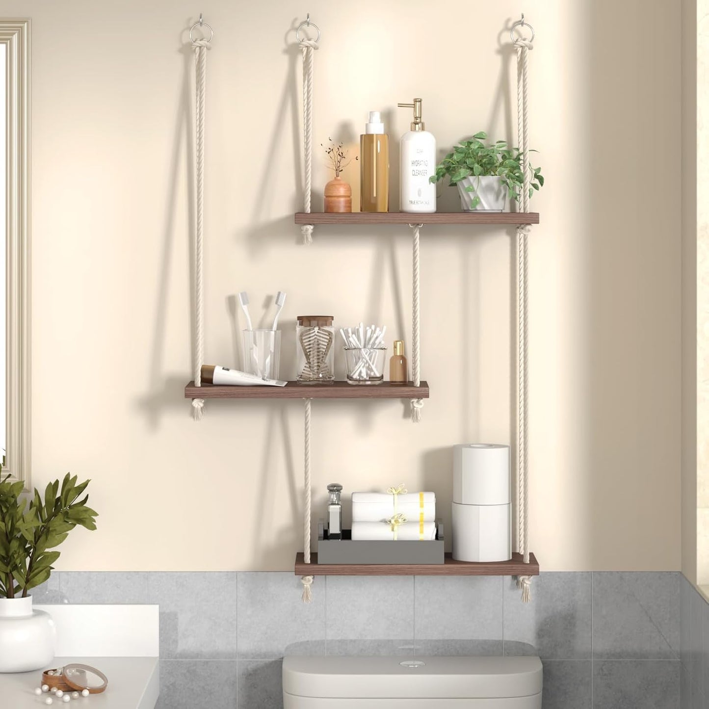 Hanging Shelves for Wall, 3 Tier Boho Hanging Plant Shelf, Floating Shelves Rope Rustic Wood Organizer Storage Hanger Rack for Aesthetic Home Bedroom Kitchen Bathroom (Champagne Flower)