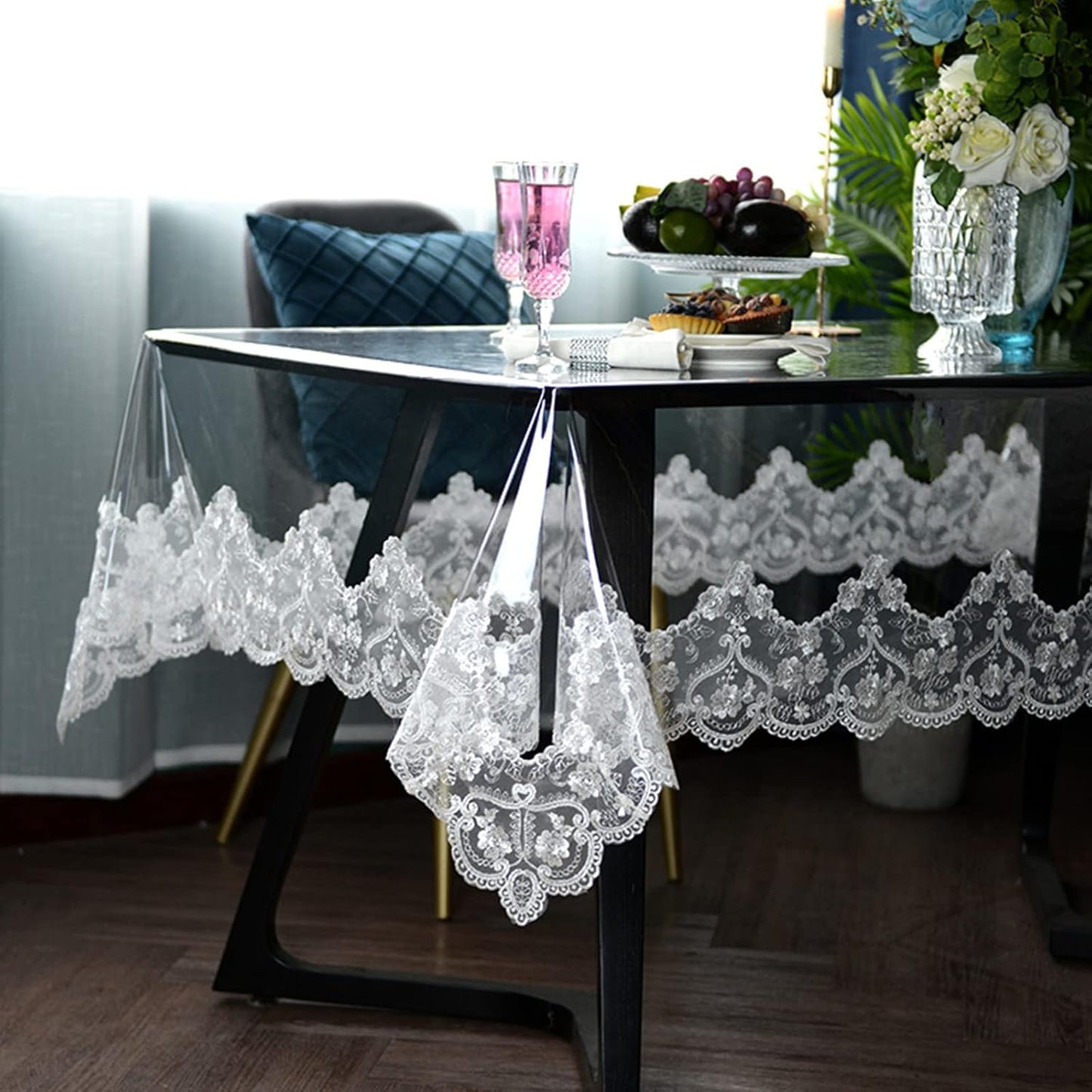 Clear Plastic Waterproof Tablecloth, Vinyl PVC Rectangle Table Cloth with Lace Macrame, Oil Spill Proof, Table Cover for Dining Tables, Parties and Holidays (White, 60 x 86 Inch)