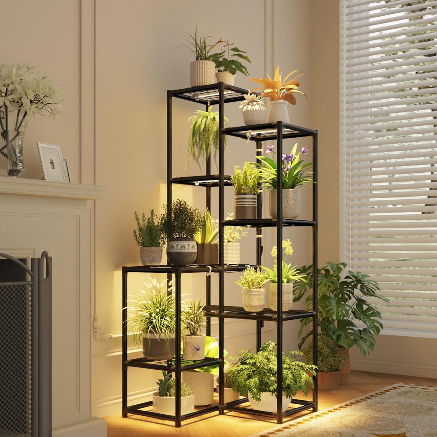 Plant Stand Outdoor Tall Plant Shelf Indoor Metal Large Hanging Plant Cabinet Waterproof Plant Rack Flower Holder for Living Room Patio Balcony Garden Black