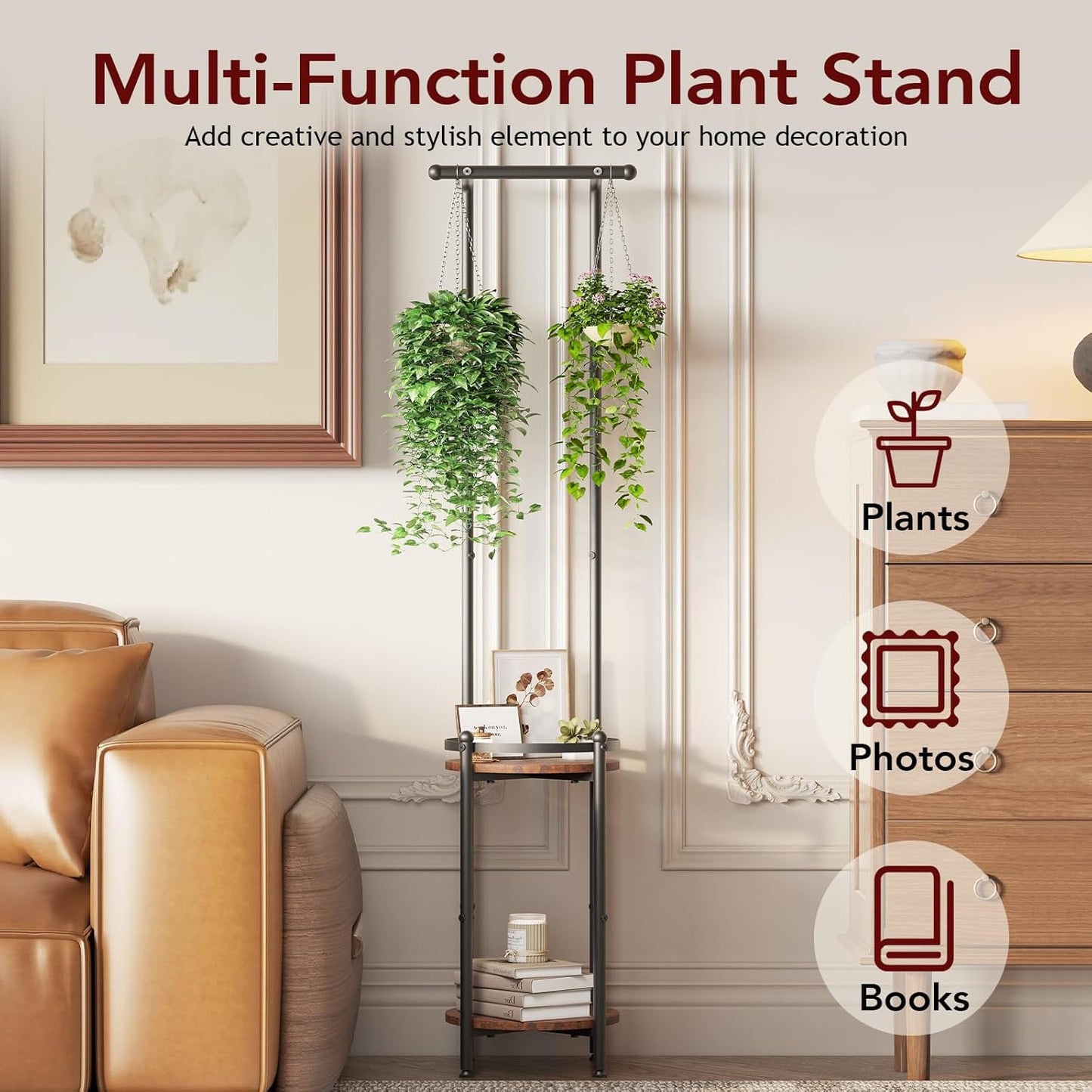 Plant Stand Indoor Outdoor - Heavy Duty Metal 2-tier Hanging Plant Holder Space-Saving Iron Plant Stands Tall Plant Shelf for Living Room Garden Balcony(Rustic Brown and Black)