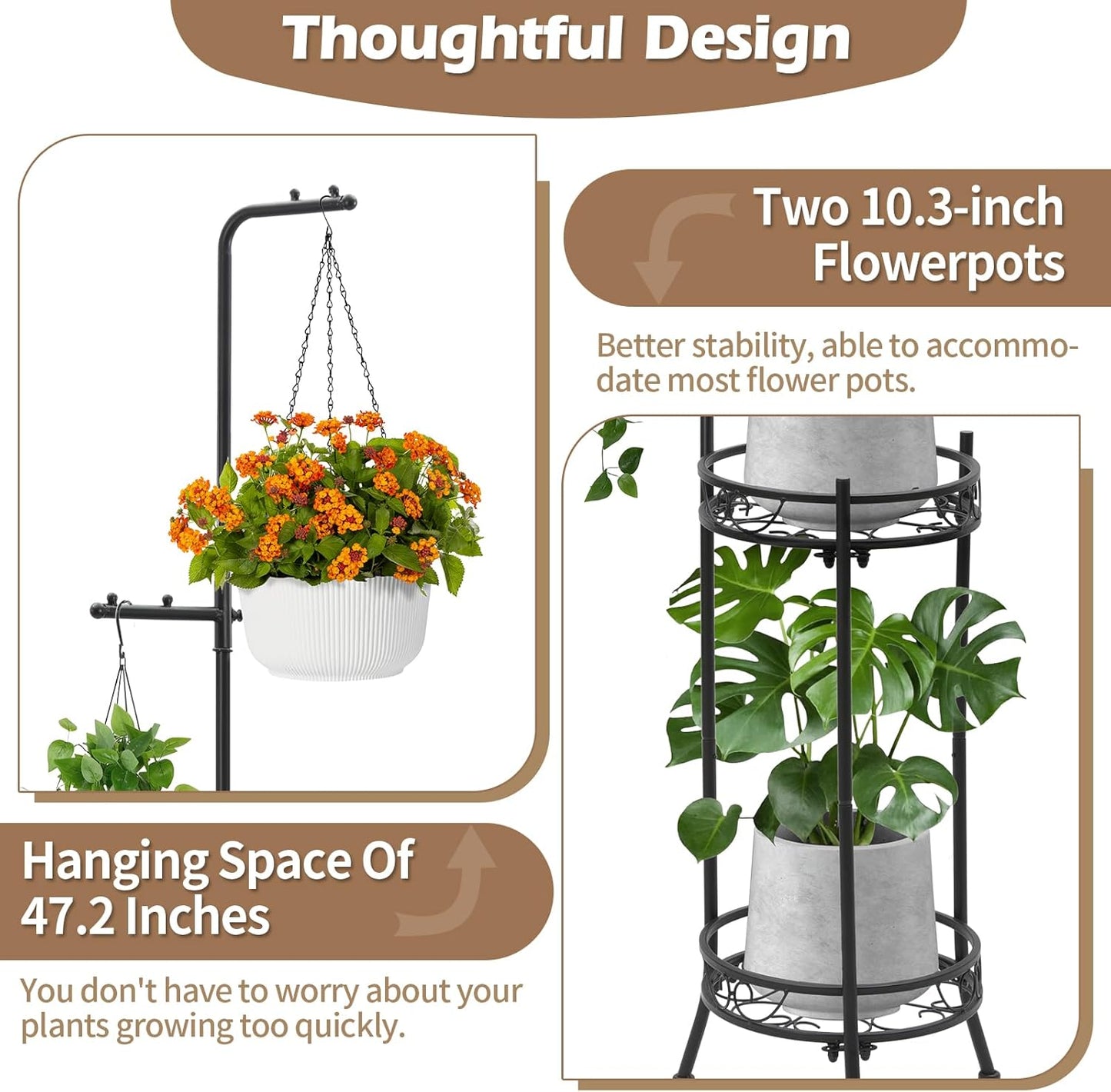 CZWL&HG Hanging Plant Stand Adjustable 2-Tier 72" Metal Shelf -Tall Indoor/Outdoor Plant Rack with Hangers for 4 Potted Flowers, Corner Shelf for Living Room & Patio (Black)
