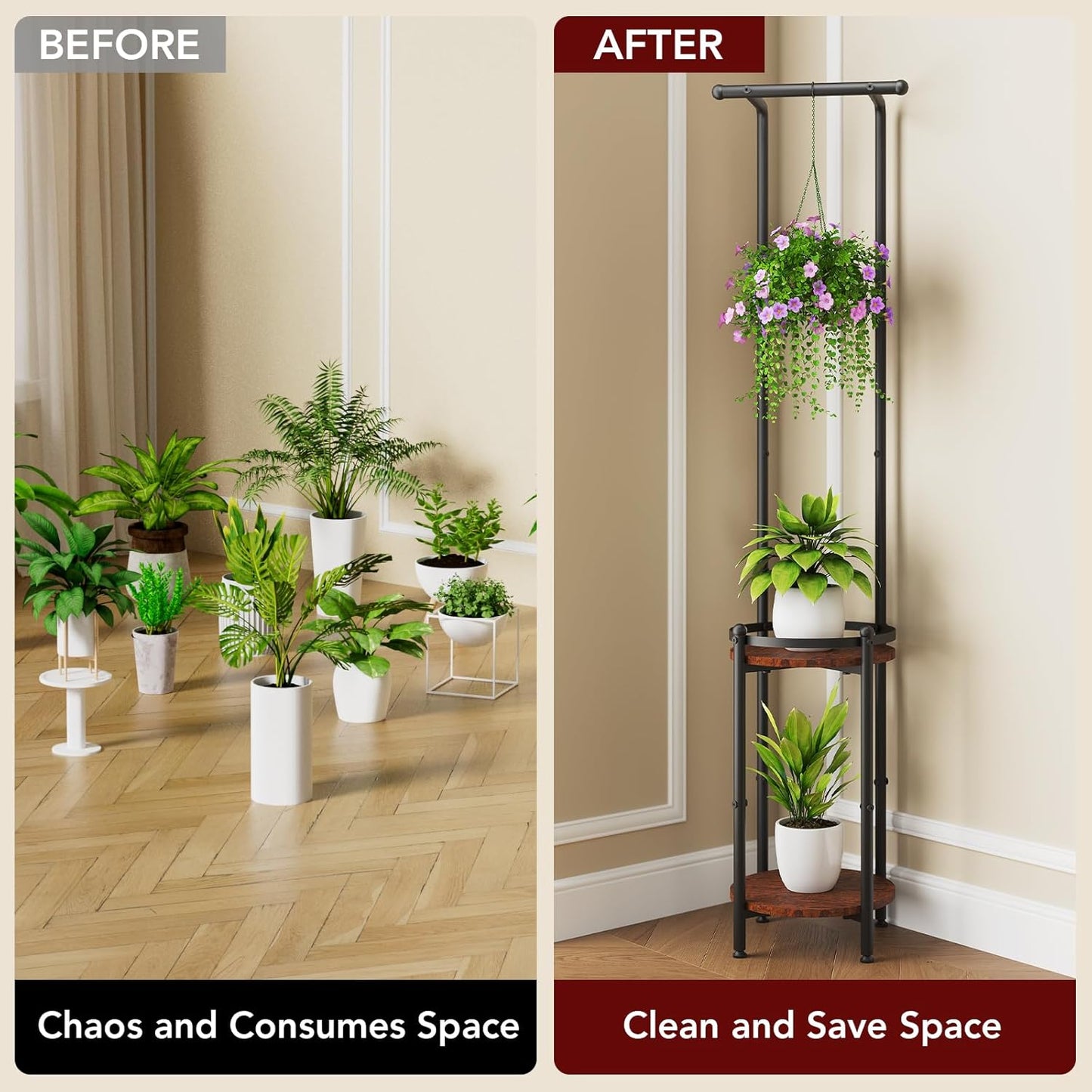 Plant Stand Indoor Outdoor - Heavy Duty Metal 2-tier Hanging Plant Holder Space-Saving Iron Plant Stands Tall Plant Shelf for Living Room Garden Balcony(Rustic Brown and Black)