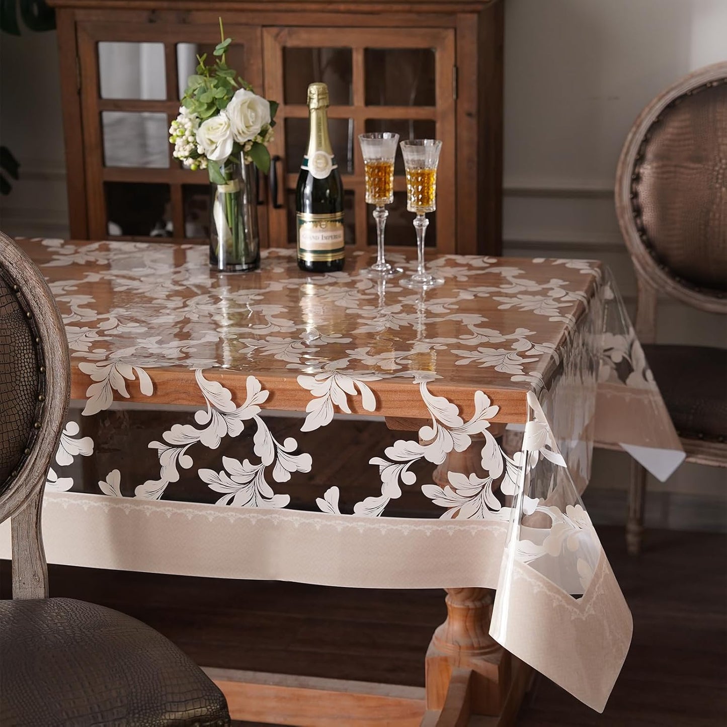 Clear Table Cover Protector Vinyl PVC Rectangle Table Cloth with Floral Fruit Pattern Oil Spill Proof Plastic Tablecloths for Dining Tables Parties Holidays (Floral Fruit, 52 x 70 Inches)