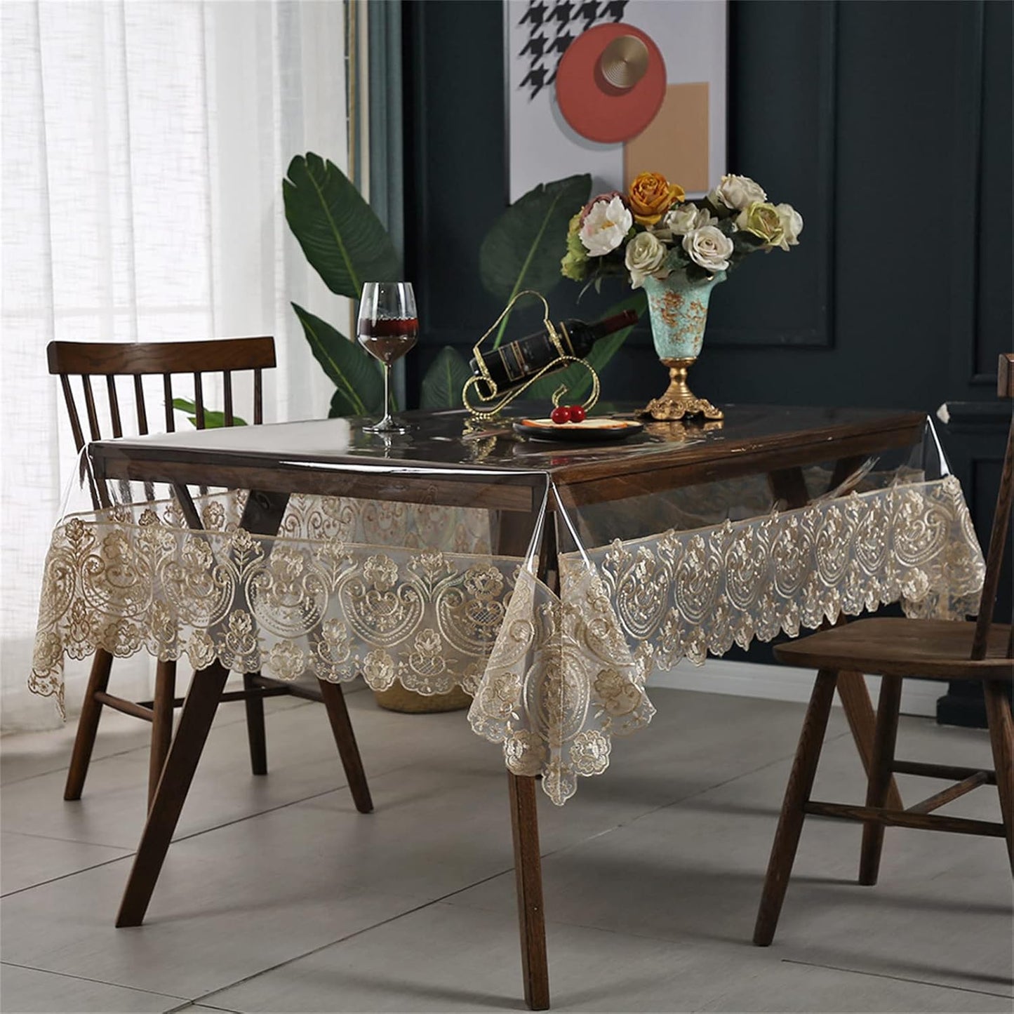 Dimatic Clear Plastic Waterproof Tablecloth, Vinyl PVC Rectangle Table Cloth with Lace Macrame, Oil Spill Proof, Table Cover for Dining Tables, Parties and Holidays (Champagne, 52 x 70 Inch)