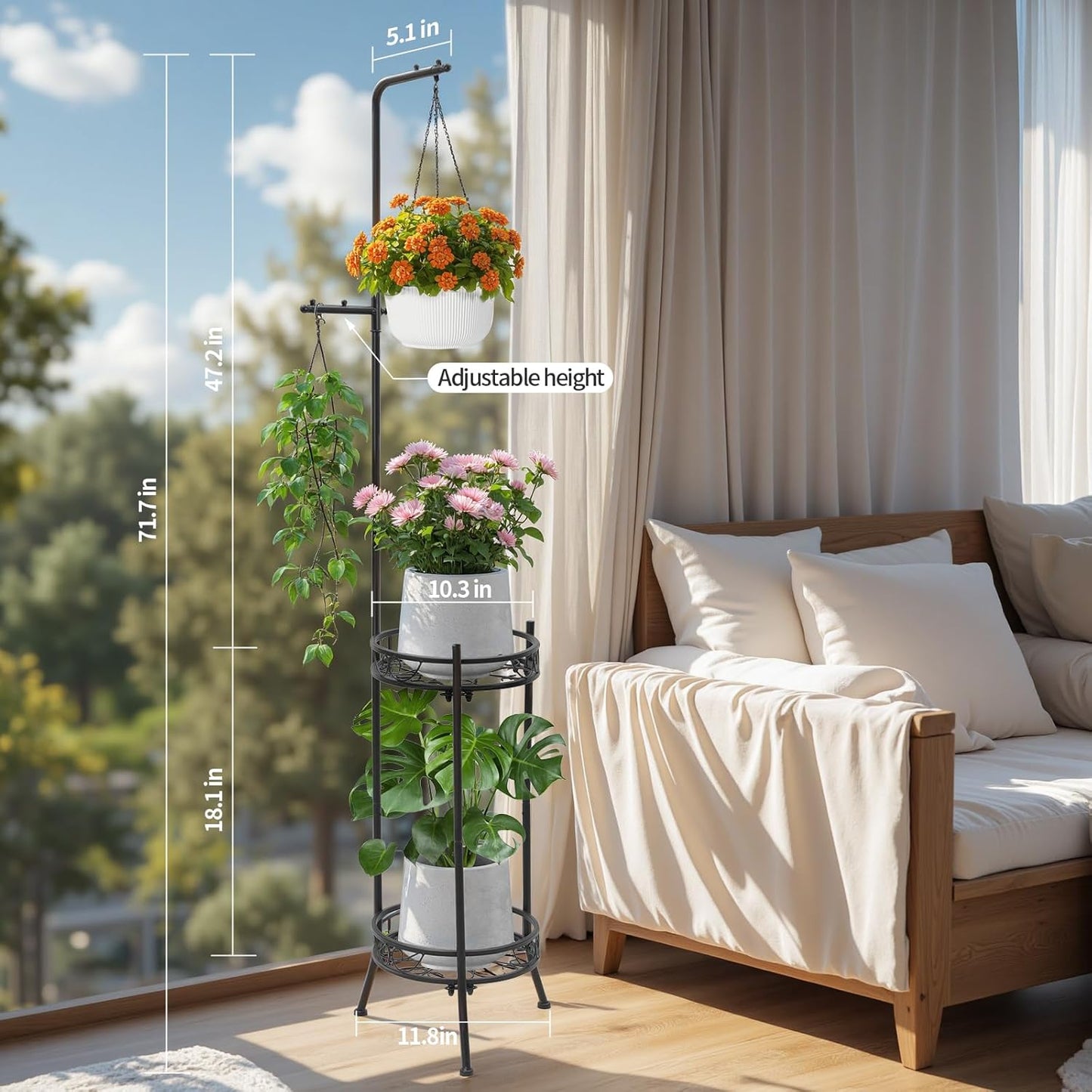CZWL&HG Hanging Plant Stand Adjustable 2-Tier 72" Metal Shelf -Tall Indoor/Outdoor Plant Rack with Hangers for 4 Potted Flowers, Corner Shelf for Living Room & Patio (Black)