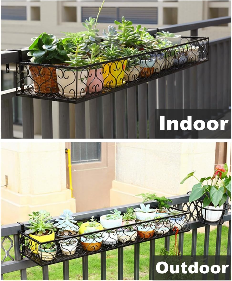 Hanging Railing Planter with Hooks, Iron Hanging Planter Holder, Balcony Plant Holder Railing Shelf Fence Hanging Flower Bucket for Outdoor Garden Window Porch Patio (23.6 x 7.8 x 4.7 Inch)