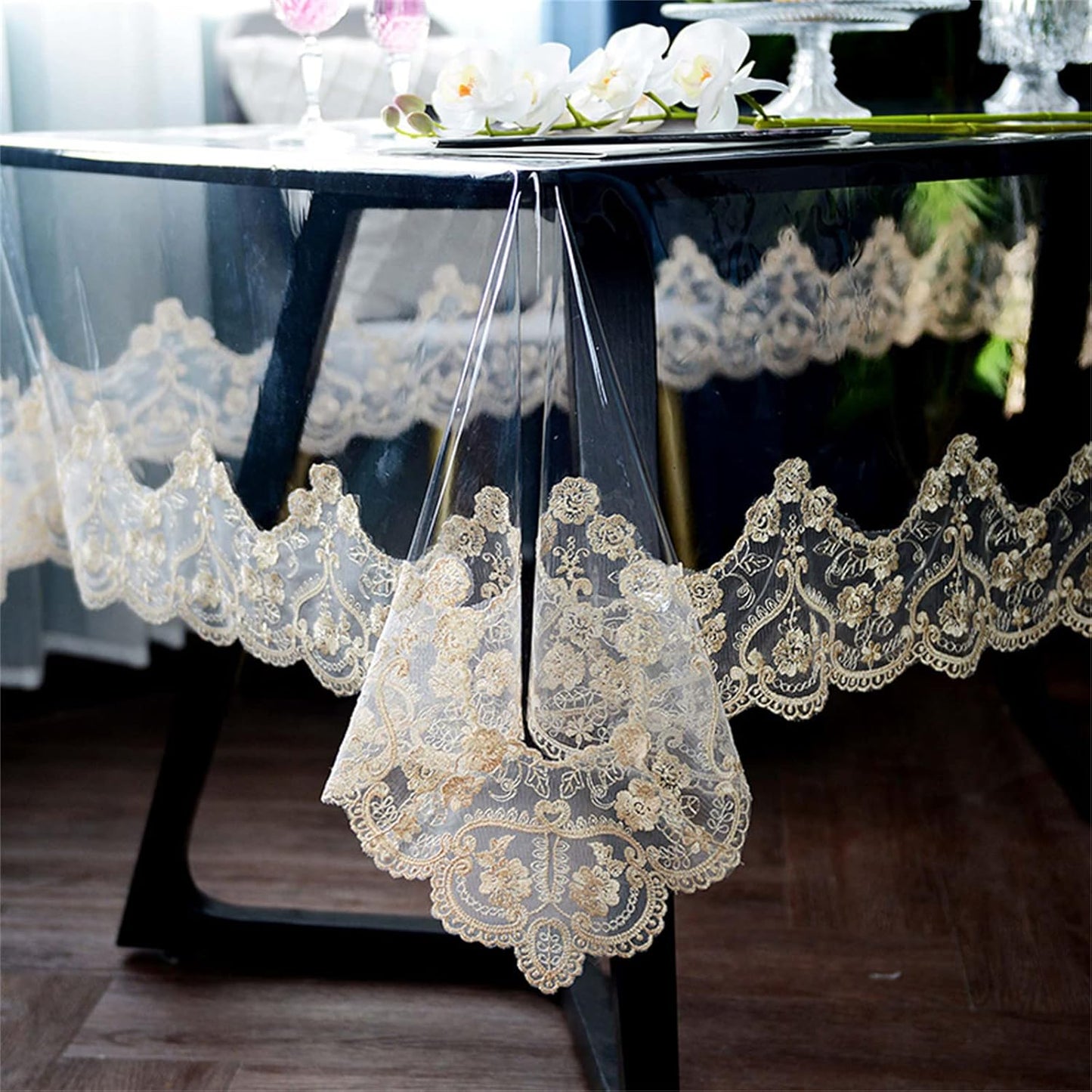 Clear Plastic Waterproof Tablecloth, Vinyl PVC Rectangle Table Cloth with Lace Macrame, Oil Spill Proof, Table Cover for Dining Tables, Parties and Holidays (White, 60 x 86 Inch)
