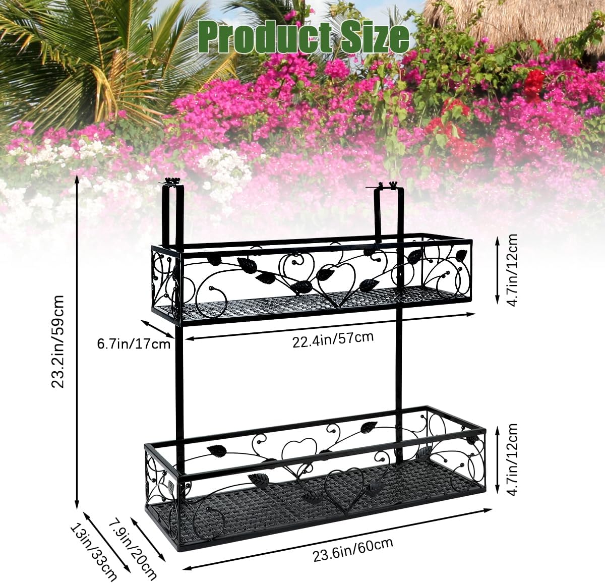 2-Tier Balcony Flower Pot Stand Rack, Hanging Railing Planter Shelf Basket, Height Adjustable Iron Hanging Flower Pot Holder for Balcony Decor Patio Porch Fence Railing