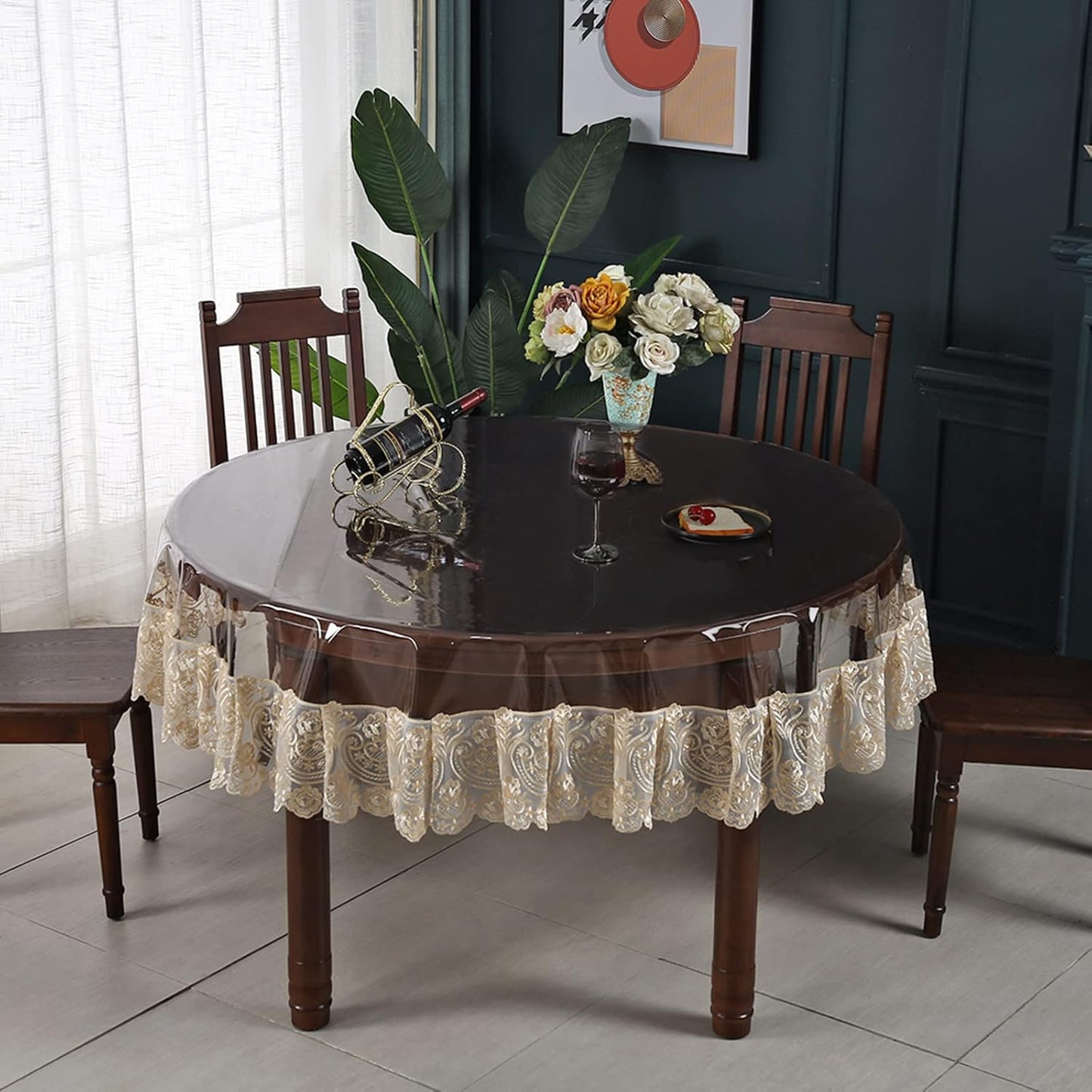 Clear Plastic Waterproof Tablecloth, Vinyl PVC Rectangle Table Cloth with Lace Macrame, Oil Spill Proof, Table Cover for Dining Tables, Parties and Holidays (White, 60 x 86 Inch)