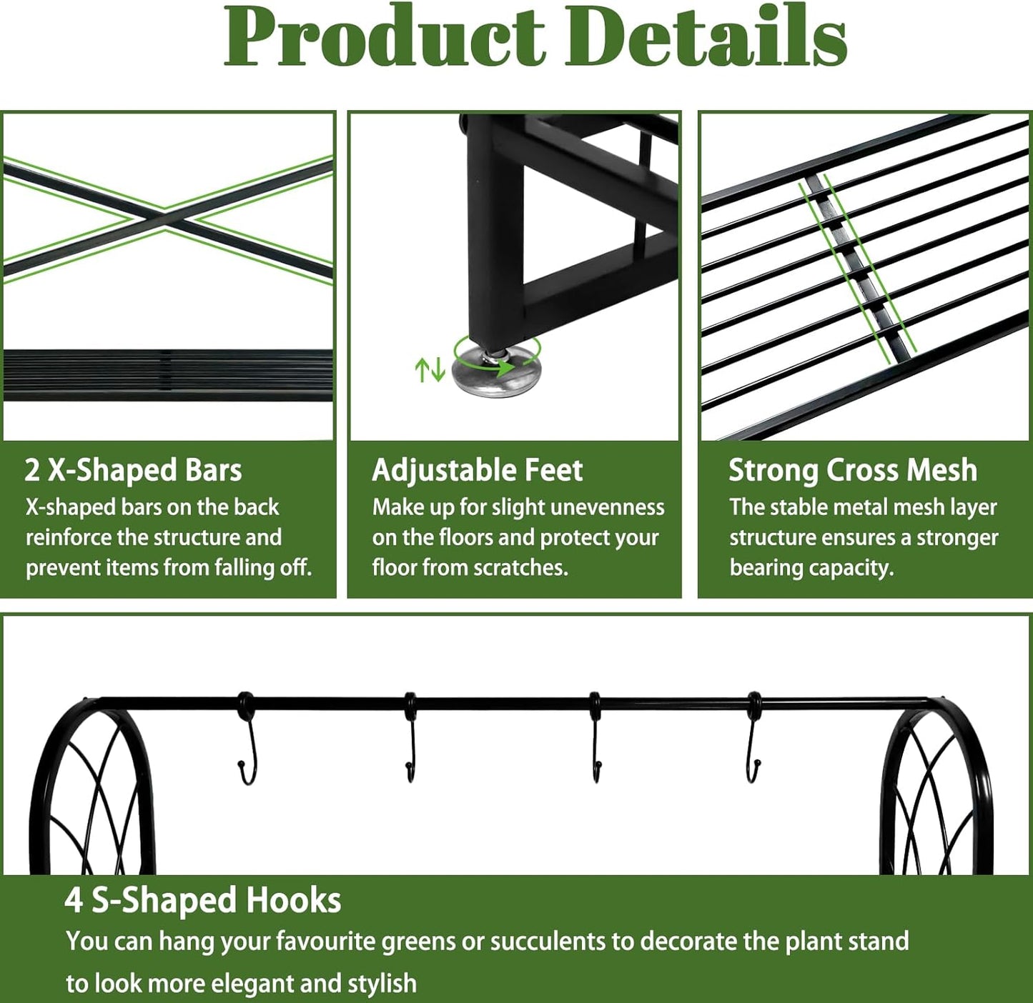 Heavy Duty Metal 3 Tiered Tall Plant Stand, Large Hanging Planter Shelf for Multiple Flowers Pot Holder Rack with Plant Tool & Gloves & Hooks for Living Room Garden Balcony, Black