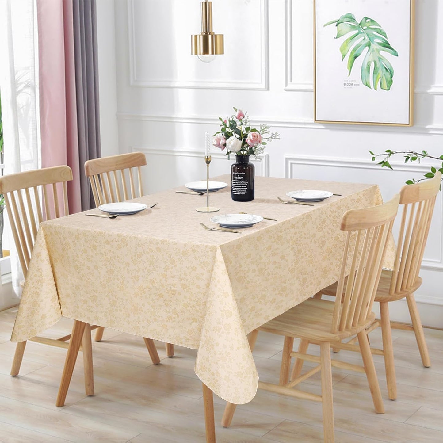 Vonabem 100% Waterproof Rectangle PVC Tablecloth, Vinyl Table Cloth Cover with Flannel Backing Oil Spill Proof Wipeable Table Cloths for Indoor Outdoor(Light Coffee,60X120IN)