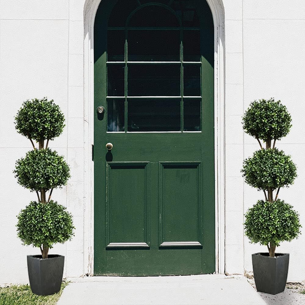 momoplant Artificial Topiary Ball Tree Outdoor, 4.6ft Fake Topiaries Triple Ball Trees 56inch Faux Boxwood Plants Potted Green Decorative Indoor or Garden (2 Pieces)