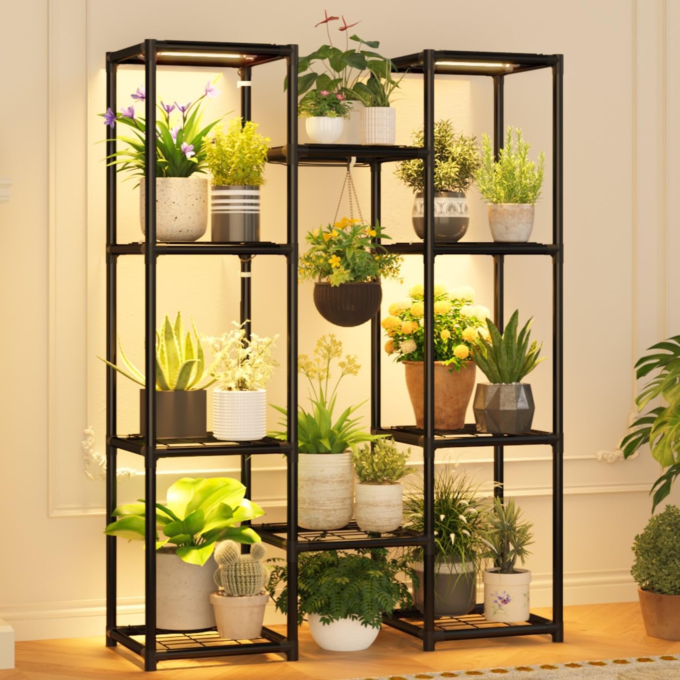 Plant Stand Outdoor Tall Plant Shelf Indoor Metal Large Hanging Plant Cabinet Waterproof Plant Rack Flower Holder for Living Room Patio Balcony Garden Black