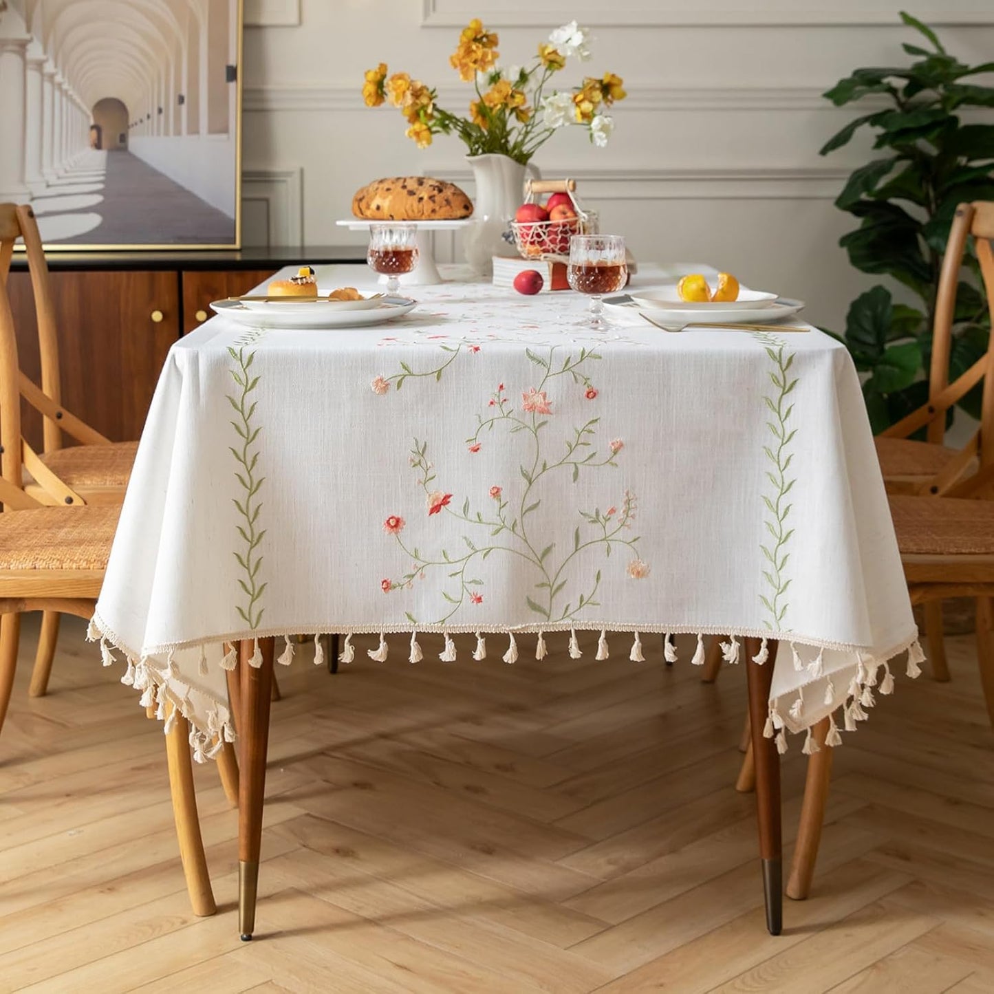 AIRCOWRIE Waterproof Vinyl Tablecloths, Heavy Duty Oil Proof Spill Proof Plastic Table Cloth, Wipe Clean PVC Table Cover for Spring Indoor and Outdoor Use (Embroidery Flower, 54”×140”, Rectangle)
