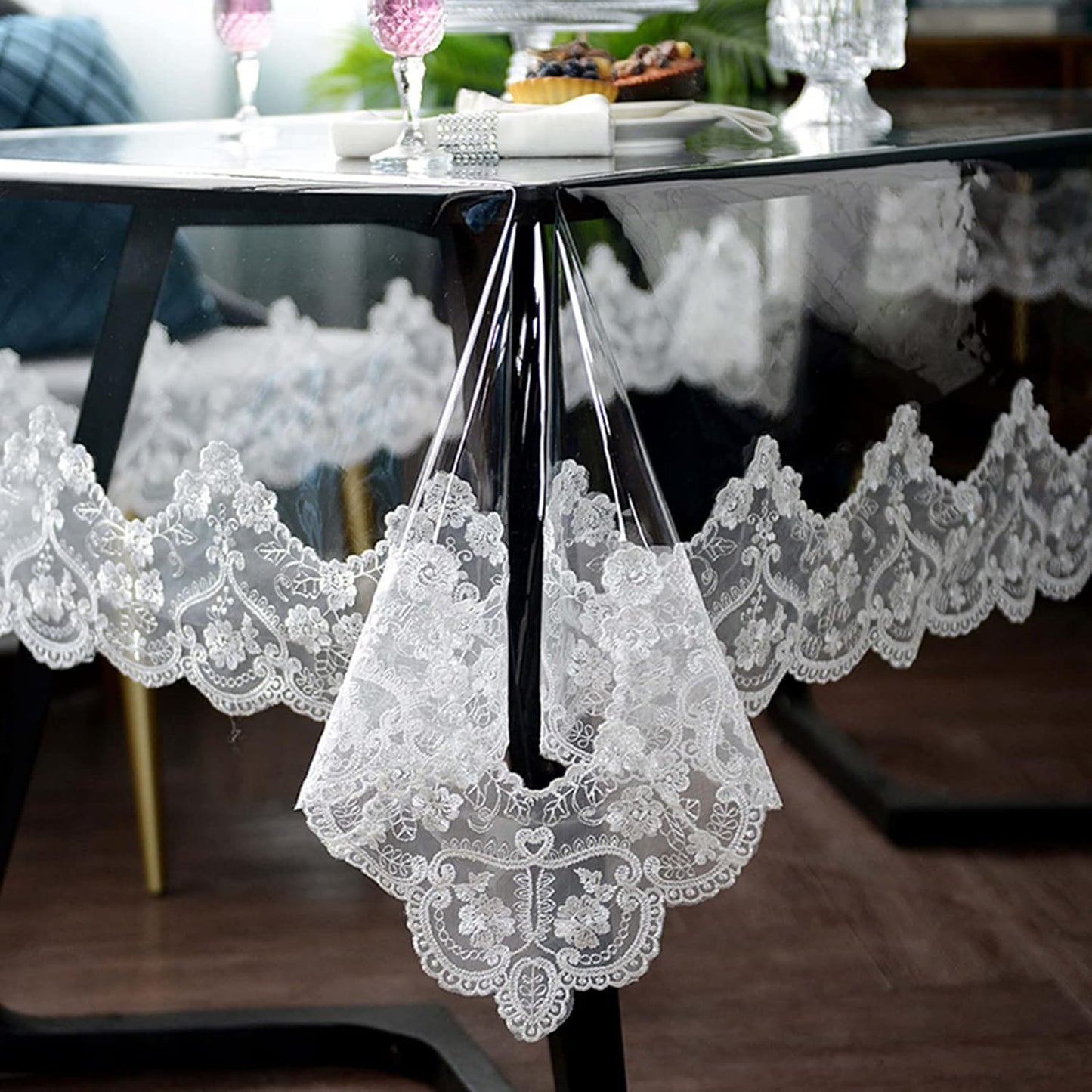 Clear Plastic Waterproof Tablecloth, Vinyl PVC Rectangle Table Cloth with Lace Macrame, Oil Spill Proof, Table Cover for Dining Tables, Parties and Holidays (White, 60 x 86 Inch)