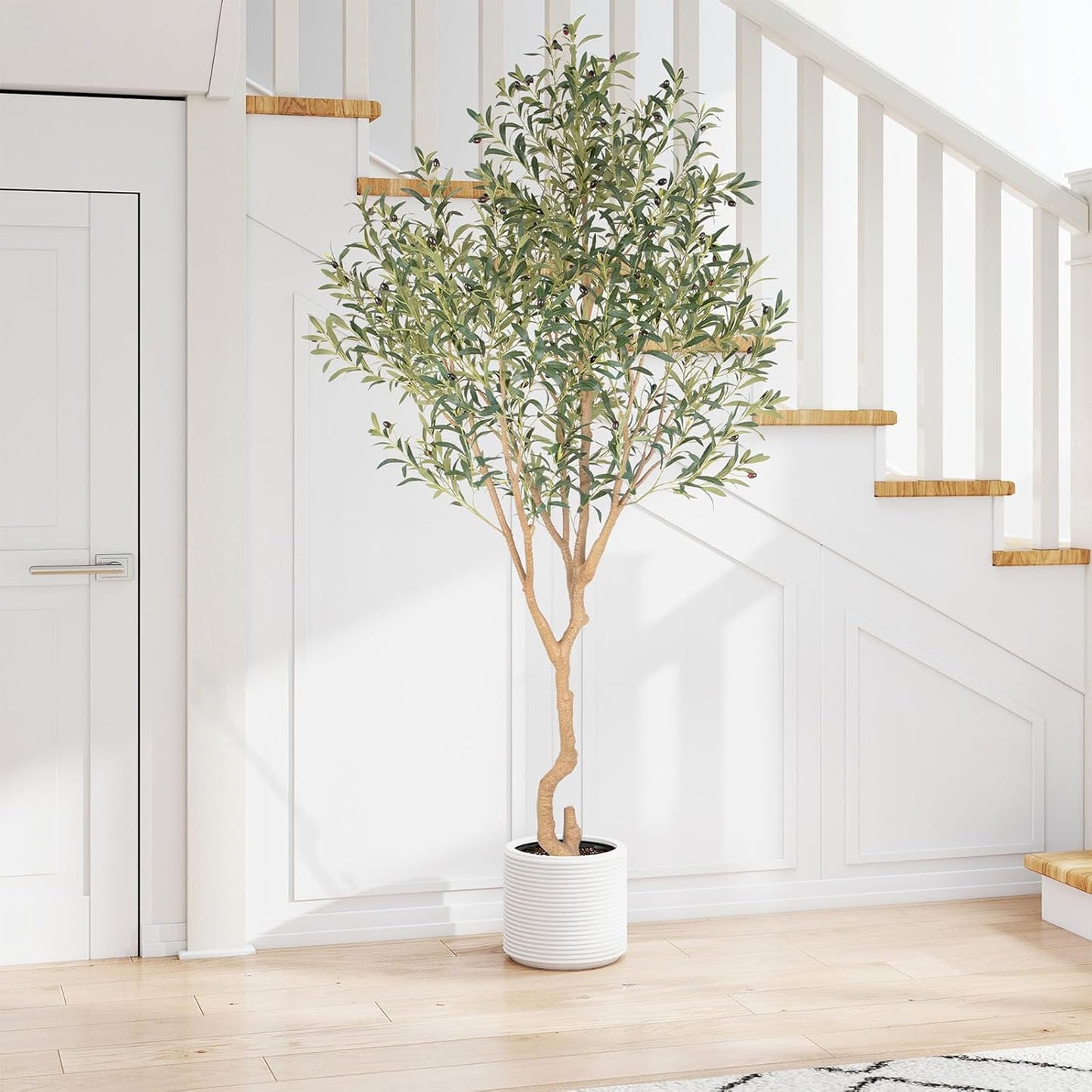 Tall Faux Olive Tree,8ft(96in) Realistic Potted Silk Artificial Olive Tree, Fake Olive Trees Indoor with Green Leaves and Big Fruits for Home Office Living Room Stairs Patio Decor.