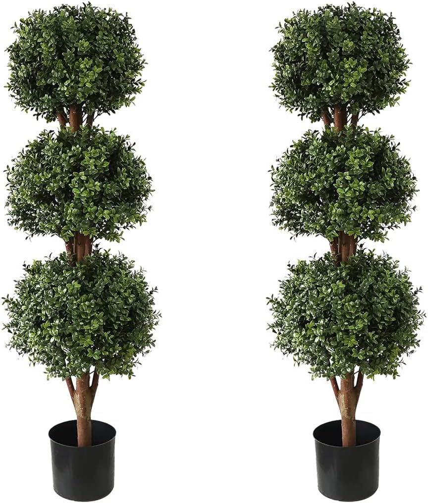 momoplant Artificial Topiary Ball Tree Outdoor, 4.6ft Fake Topiaries Triple Ball Trees 56inch Faux Boxwood Plants Potted Green Decorative Indoor or Garden (2 Pieces)