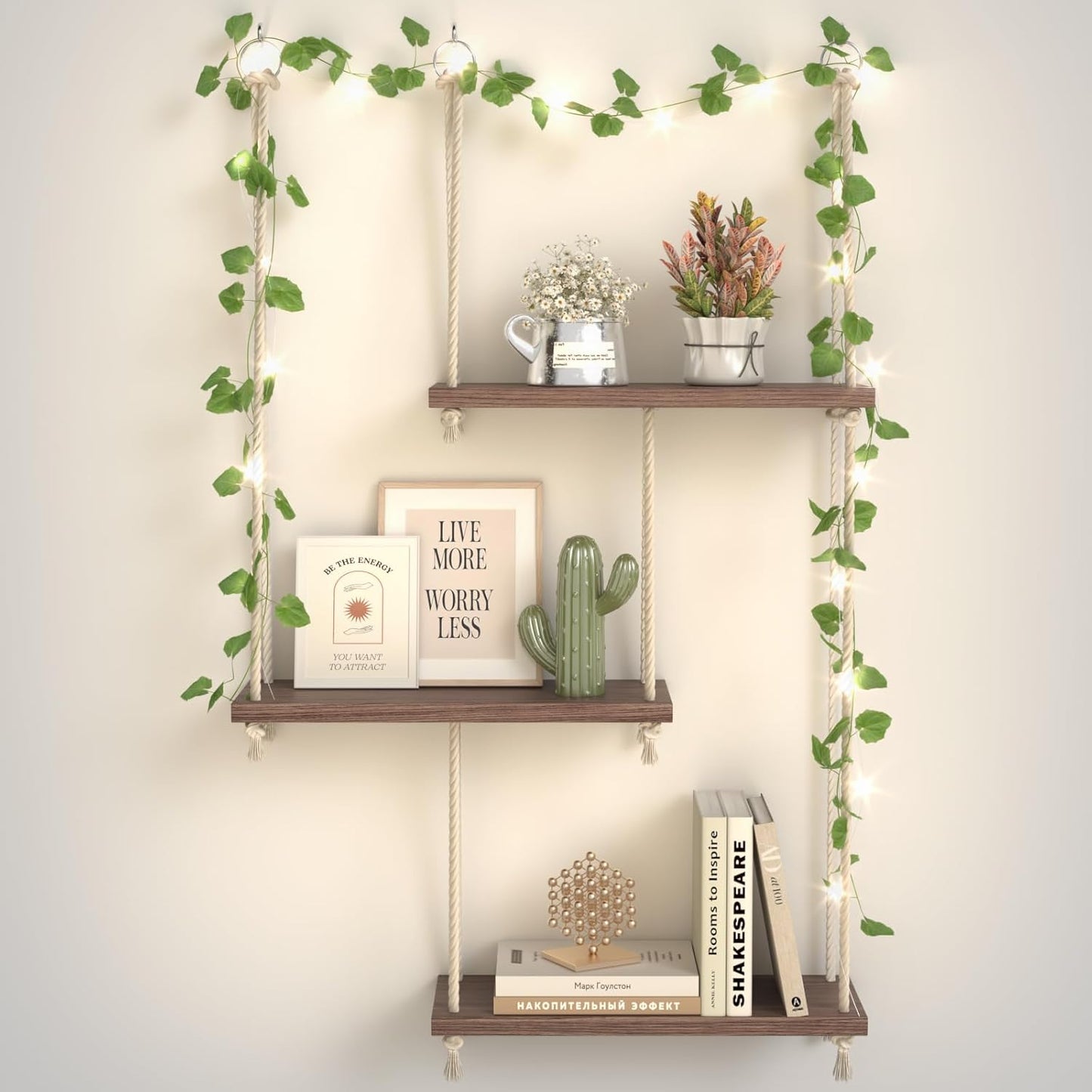 Hanging Shelves for Wall, 3 Tier Boho Hanging Plant Shelf, Floating Shelves Rope Rustic Wood Organizer Storage Hanger Rack for Aesthetic Home Bedroom Kitchen Bathroom (Champagne Flower)