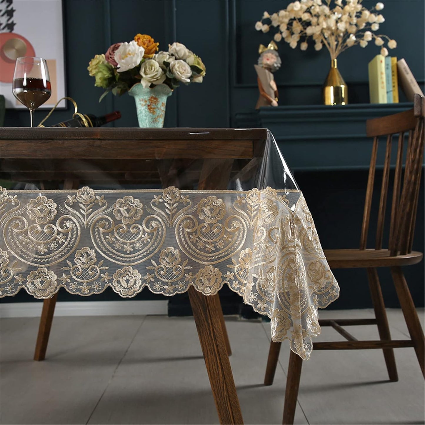 Dimatic Clear Plastic Waterproof Tablecloth, Vinyl PVC Rectangle Table Cloth with Lace Macrame, Oil Spill Proof, Table Cover for Dining Tables, Parties and Holidays (Champagne, 52 x 70 Inch)