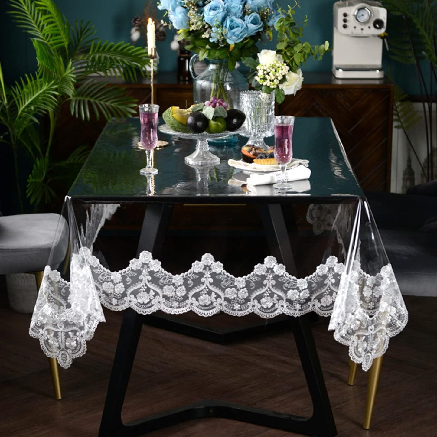 Clear Plastic Waterproof Tablecloth, Vinyl PVC Rectangle Table Cloth with Lace Macrame, Oil Spill Proof, Table Cover for Dining Tables, Parties and Holidays (White, 60 x 86 Inch)
