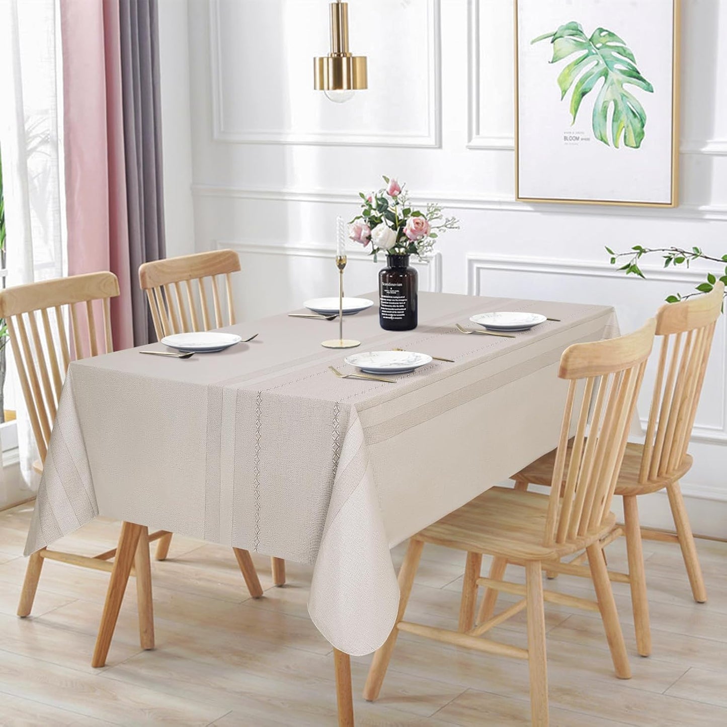 Vonabem 100% Waterproof Rectangle PVC Tablecloth, Vinyl Table Cloth Cover with Flannel Backing Oil Spill Proof Wipeable Table Cloths for Indoor Outdoor(Light Coffee,60X120IN)