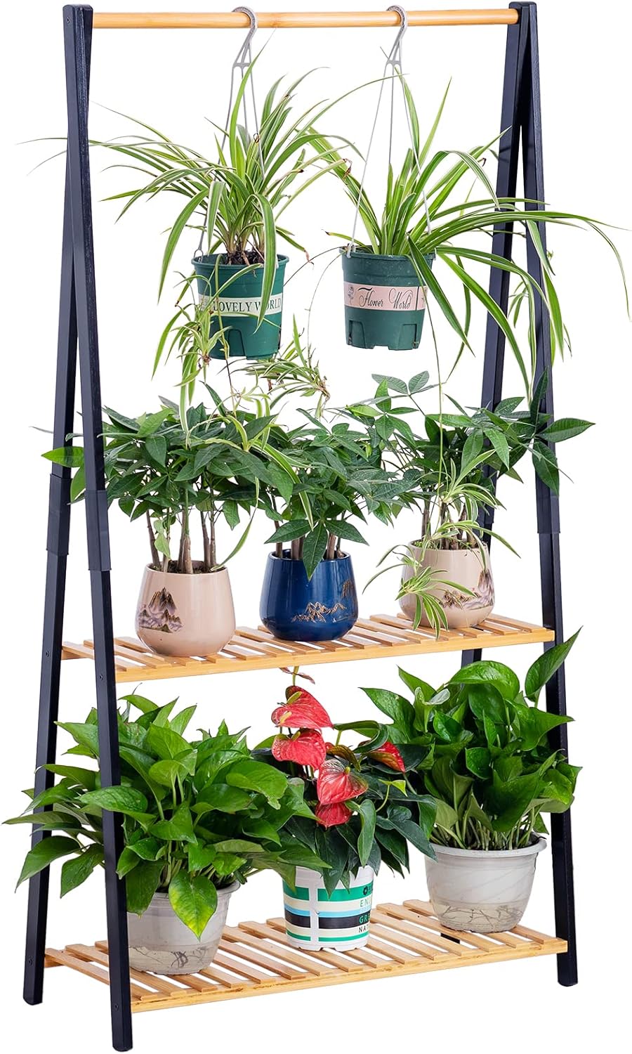 COPREE Bamboo 3-Tier Hanging Plant Stand Planter Shelves Flower Pot Organizer Rack Folding Display Shelving Plants Shelf Unit Holder