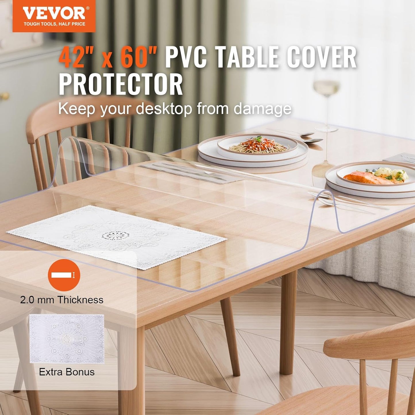 VEVOR Plastic Table Cover, 42 x 60 Inch 2.0 mm Thick Clear PVC Desk Mat Protector, Waterproof & Easy Cleaning Desk Pad Tablecloth, for Office, Dresser, Dining Room, Night Stand