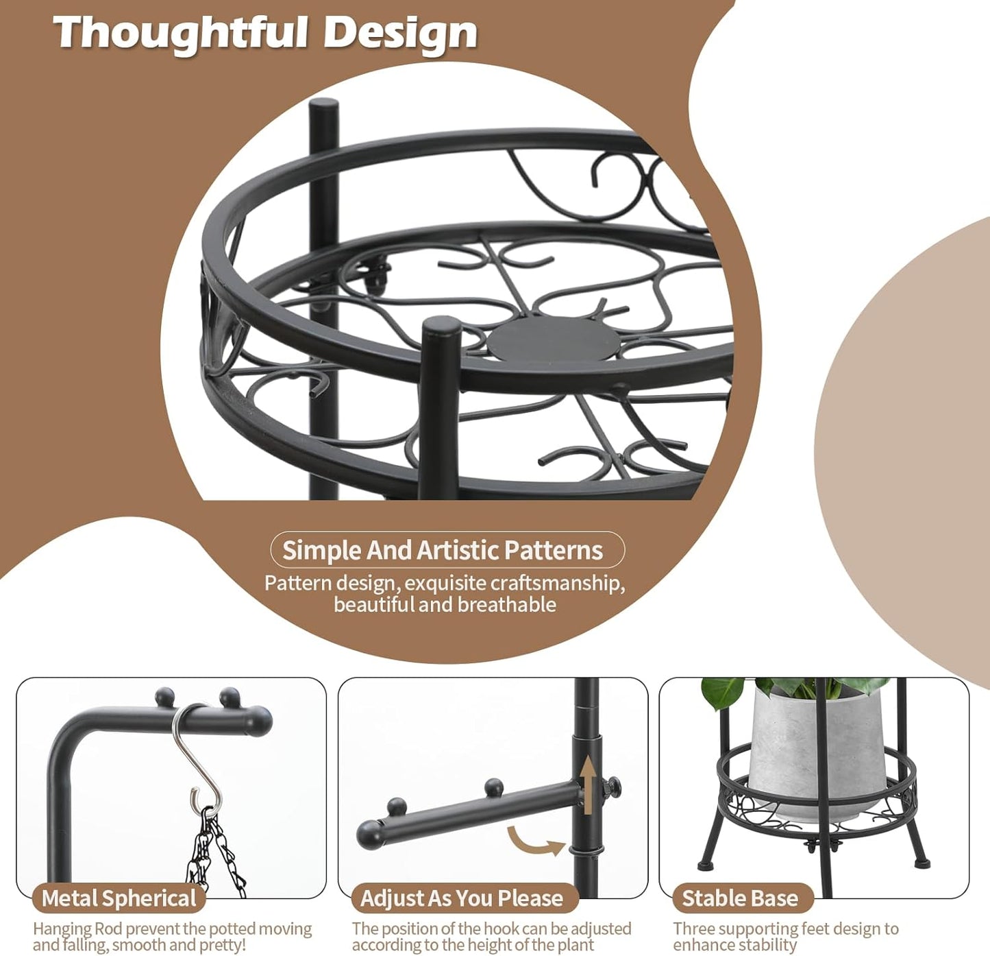 CZWL&HG Hanging Plant Stand Adjustable 2-Tier 72" Metal Shelf -Tall Indoor/Outdoor Plant Rack with Hangers for 4 Potted Flowers, Corner Shelf for Living Room & Patio (Black)