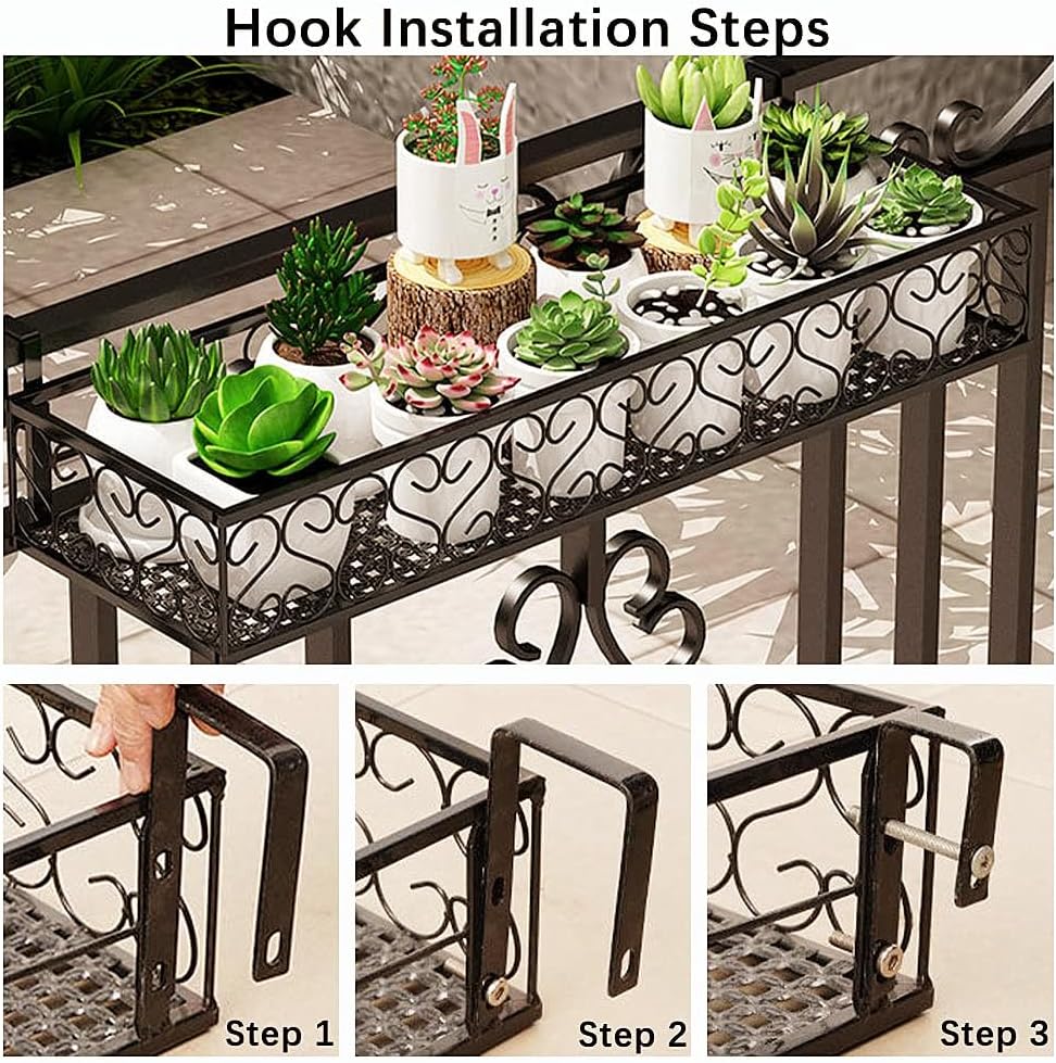 Hanging Railing Planter with Hooks, Iron Hanging Planter Holder, Balcony Plant Holder Railing Shelf Fence Hanging Flower Bucket for Outdoor Garden Window Porch Patio (23.6 x 7.8 x 4.7 Inch)