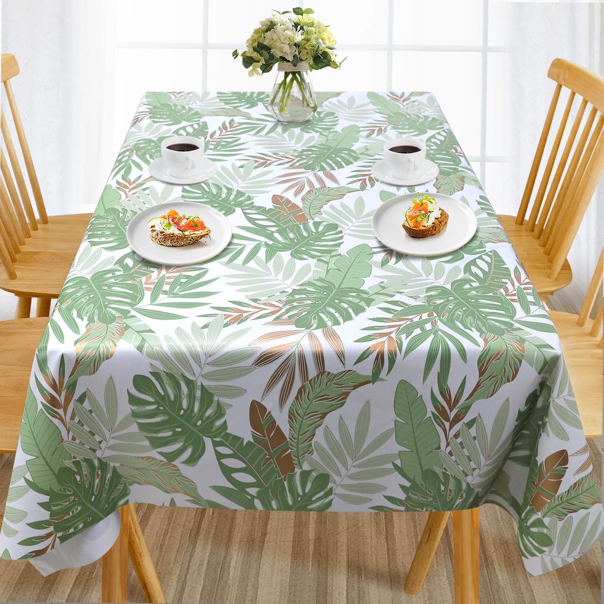 AIRCOWRIE Waterproof Vinyl Tablecloths, Heavy Duty Oil Proof Spill Proof Plastic Table Cloth, Wipe Clean PVC Table Cover for Spring Indoor and Outdoor Use (Embroidery Flower, 54”×140”, Rectangle)
