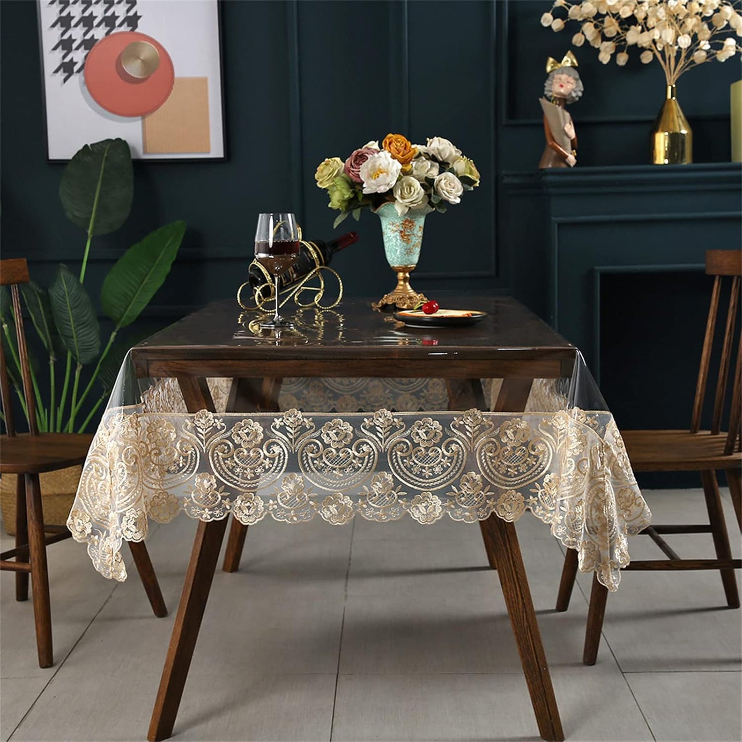Dimatic Clear Plastic Waterproof Tablecloth, Vinyl PVC Rectangle Table Cloth with Lace Macrame, Oil Spill Proof, Table Cover for Dining Tables, Parties and Holidays (Champagne, 52 x 70 Inch)