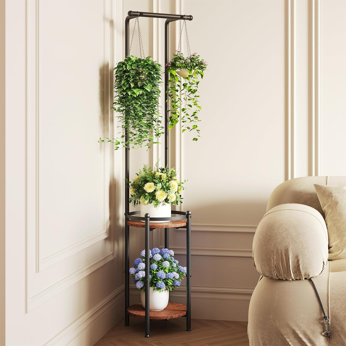 Plant Stand Indoor Outdoor - Heavy Duty Metal 2-tier Hanging Plant Holder Space-Saving Iron Plant Stands Tall Plant Shelf for Living Room Garden Balcony(Rustic Brown and Black)