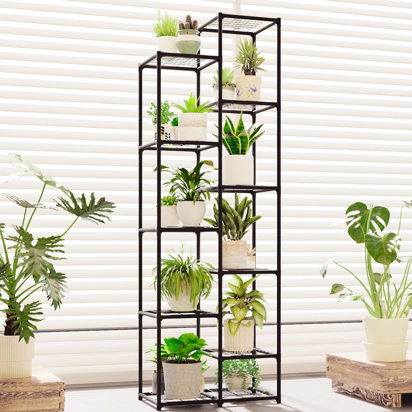 Plant Stand Outdoor Tall Plant Shelf Indoor Metal Large Hanging Plant Cabinet Waterproof Plant Rack Flower Holder for Living Room Patio Balcony Garden Black