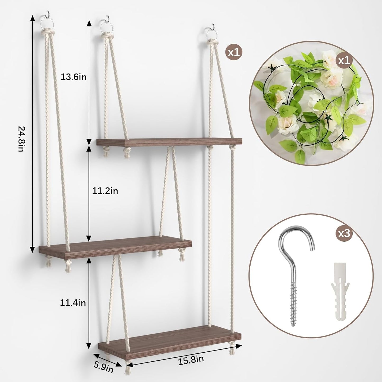 Hanging Shelves for Wall, 3 Tier Boho Hanging Plant Shelf, Floating Shelves Rope Rustic Wood Organizer Storage Hanger Rack for Aesthetic Home Bedroom Kitchen Bathroom (Champagne Flower)