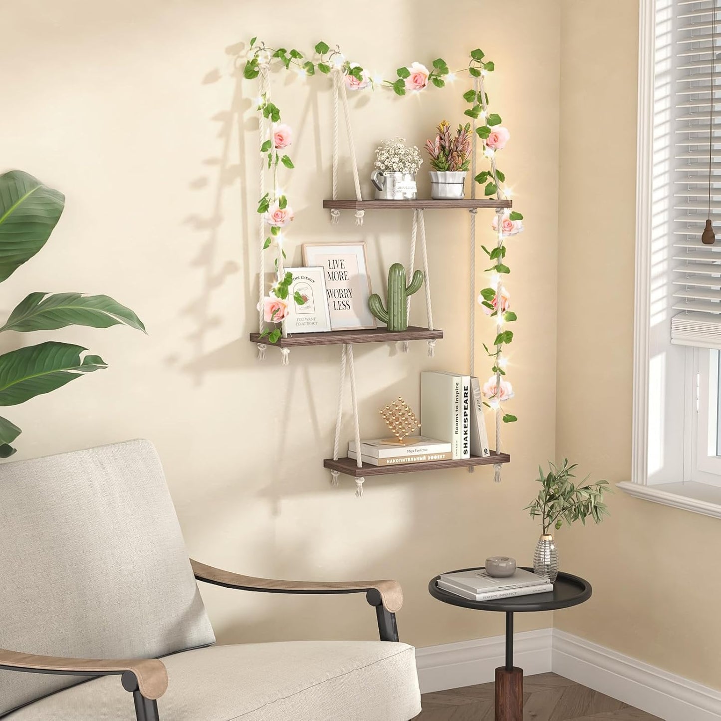Hanging Shelves for Wall, 3 Tier Boho Hanging Plant Shelf, Floating Shelves Rope Rustic Wood Organizer Storage Hanger Rack for Aesthetic Home Bedroom Kitchen Bathroom (Champagne Flower)