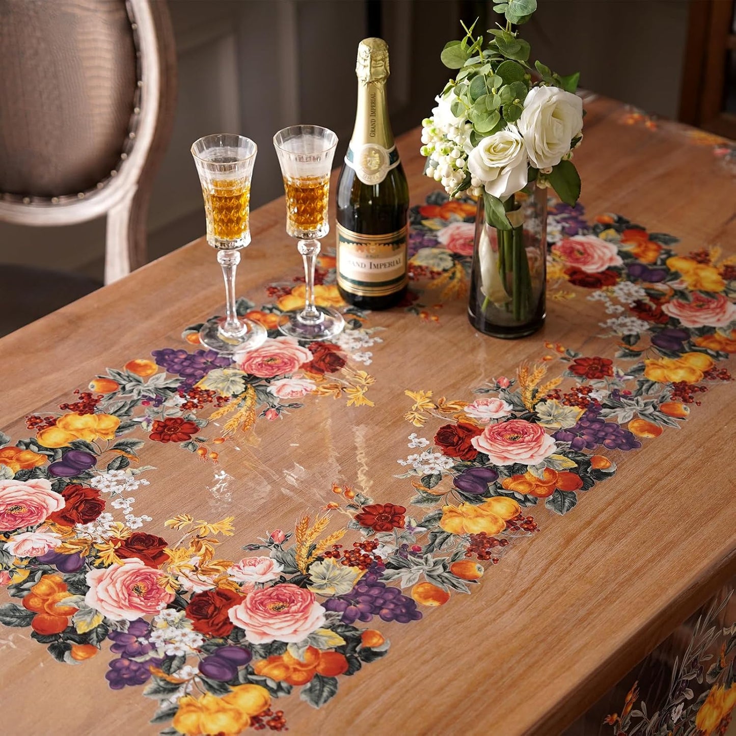 Clear Table Cover Protector Vinyl PVC Rectangle Table Cloth with Floral Fruit Pattern Oil Spill Proof Plastic Tablecloths for Dining Tables Parties Holidays (Floral Fruit, 52 x 70 Inches)