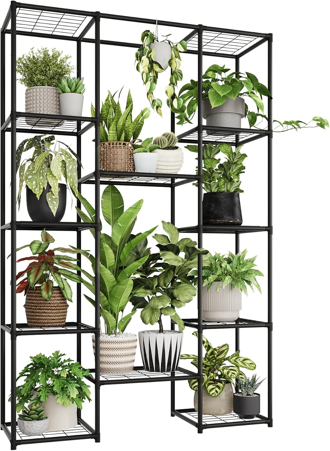 Plant Stand Outdoor Tall Plant Shelf Indoor Metal Large Hanging Plant Cabinet Waterproof Plant Rack Flower Holder for Living Room Patio Balcony Garden Black