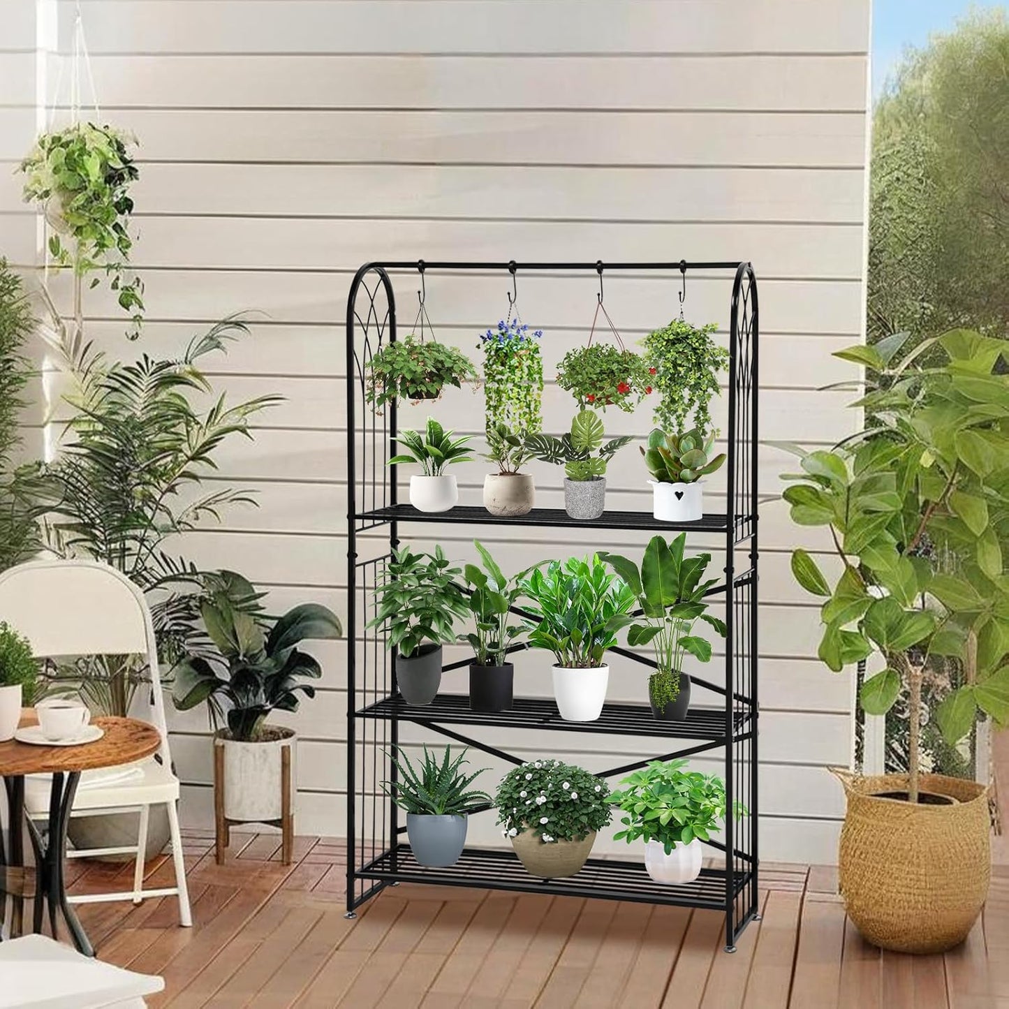Heavy Duty Metal 3 Tiered Tall Plant Stand, Large Hanging Planter Shelf for Multiple Flowers Pot Holder Rack with Plant Tool & Gloves & Hooks for Living Room Garden Balcony, Black