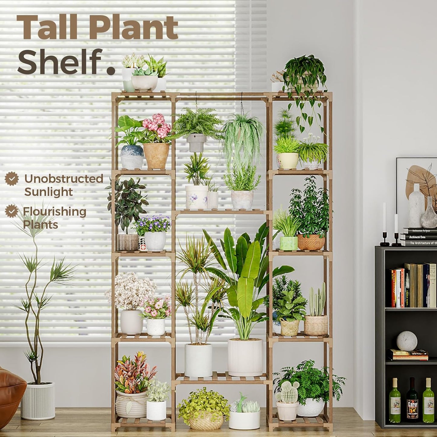 Bamworld 62.2'' Tall Plant Stand Indoor Large Plant Shelf for Multiple Plants Wood Flower Stand Outdoor Hanging Plant Rack for Living Room Garden Balcony Home Decor